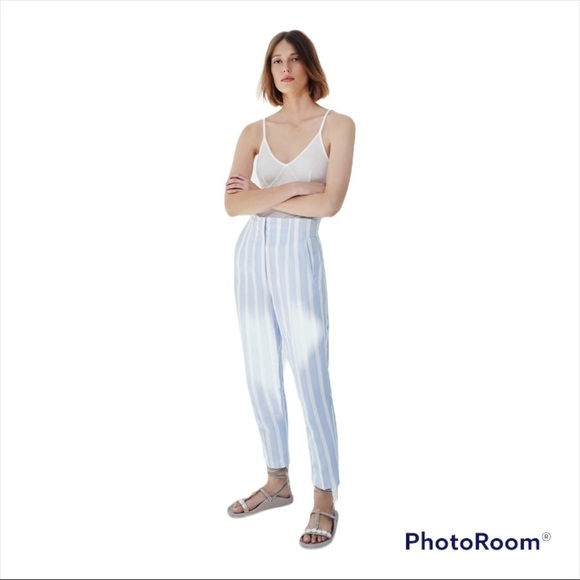 NWT ZARA Blue White Striped Linen Blend High Rise Cropped Trousers Size Medium - Picture 2 of 11